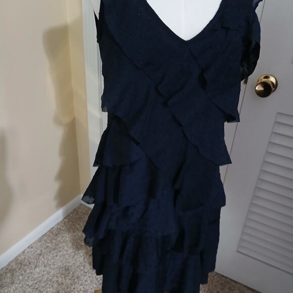 LOFT 4 Black Sleeveless Swiss Dot Ruffled Layers Polyester Rayon Blend Dress - Picture 3 of 15